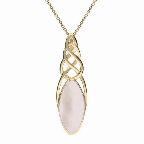 9ct Yellow Gold Pink Mother of Pearl Long Marquise Celtic Necklace