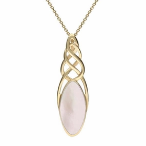 9ct Yellow Gold Pink Mother of Pearl Long Marquise Celtic Necklace