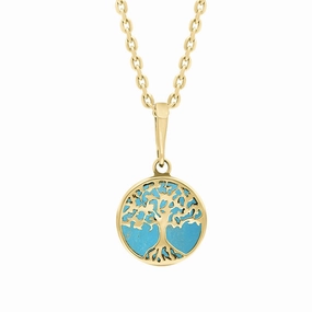 9ct Yellow Gold Small Turquoise Round Tree of Life Necklace