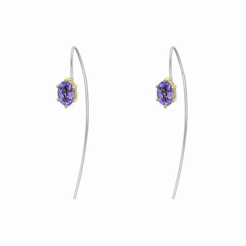 9ct Yellow Gold Sterling Silver Amethyst Stepping Stones 4x7mm Oval Claw Set Hook Earrings