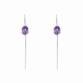 9ct Yellow Gold Sterling Silver Amethyst Stepping Stones 4x7mm Oval Claw Set Hook Earrings