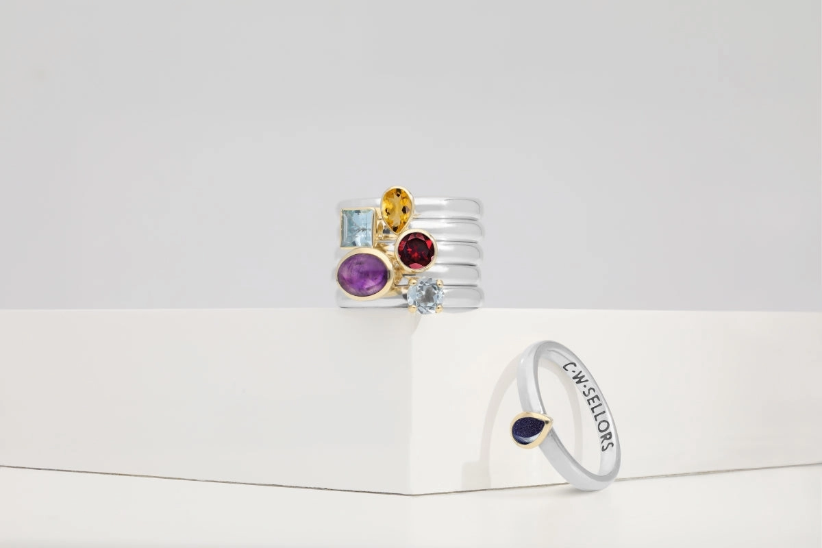 9ct Yellow Gold Sterling Silver Blue Goldstone Stepping Stones 5x7mm Pear Cut Bezel Set Ring