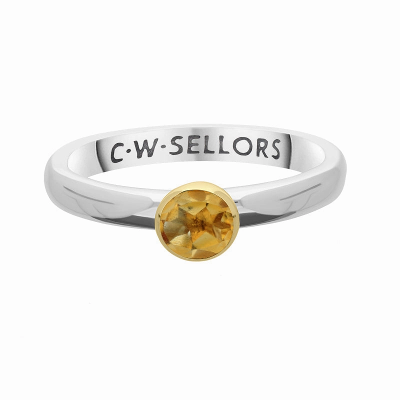 9ct Yellow Gold Sterling Silver Citrine Stepping Stones 5mm Round Bezel Set Ring