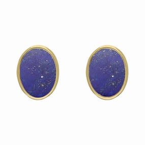 9ct Yellow Gold Sterling Silver Lapis Lazuli Stepping Stones 6x8mm Oval Stud Earrings