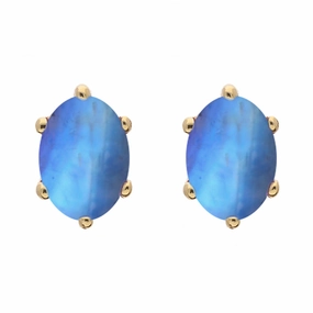 9ct Yellow Gold Sterling Silver Moonstone Stepping Stones 4x7mm Oval Claw Set Stud Earrings