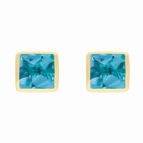 9ct Yellow Gold Sterling Silver Topaz Stepping Stones Square Stud Earrings