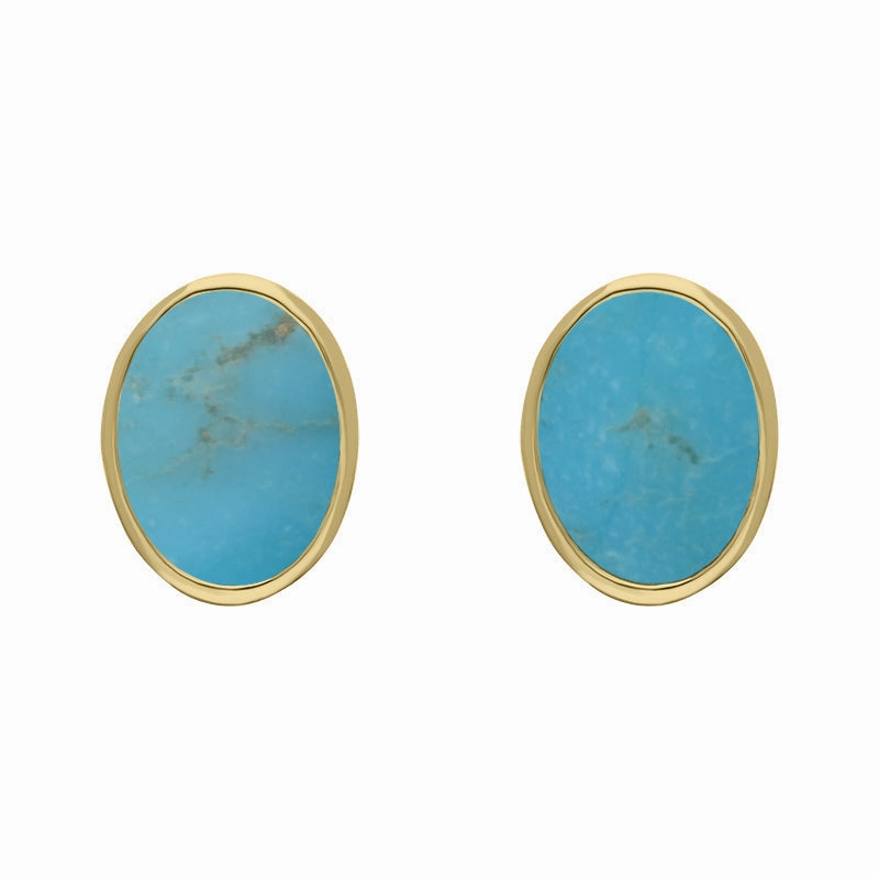 9ct Yellow Gold Sterling Silver Turquoise Stepping Stones 6x8mm Oval Stud Earrings