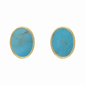 9ct Yellow Gold Sterling Silver Turquoise Stepping Stones 6x8mm Oval Stud Earrings