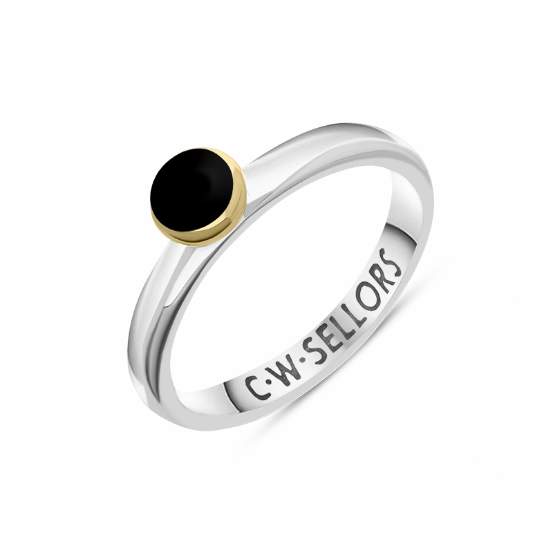 9ct Yellow Gold Sterling Silver Whitby Jet Stepping Stones 5mm Round Bezel Set Ring