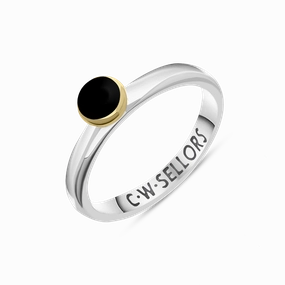 9ct Yellow Gold Sterling Silver Whitby Jet Stepping Stones 5mm Round Bezel Set Ring