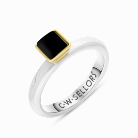9ct Yellow Gold Sterling Silver Whitby Jet Stepping Stones 5mm Square Bezel Set Ring