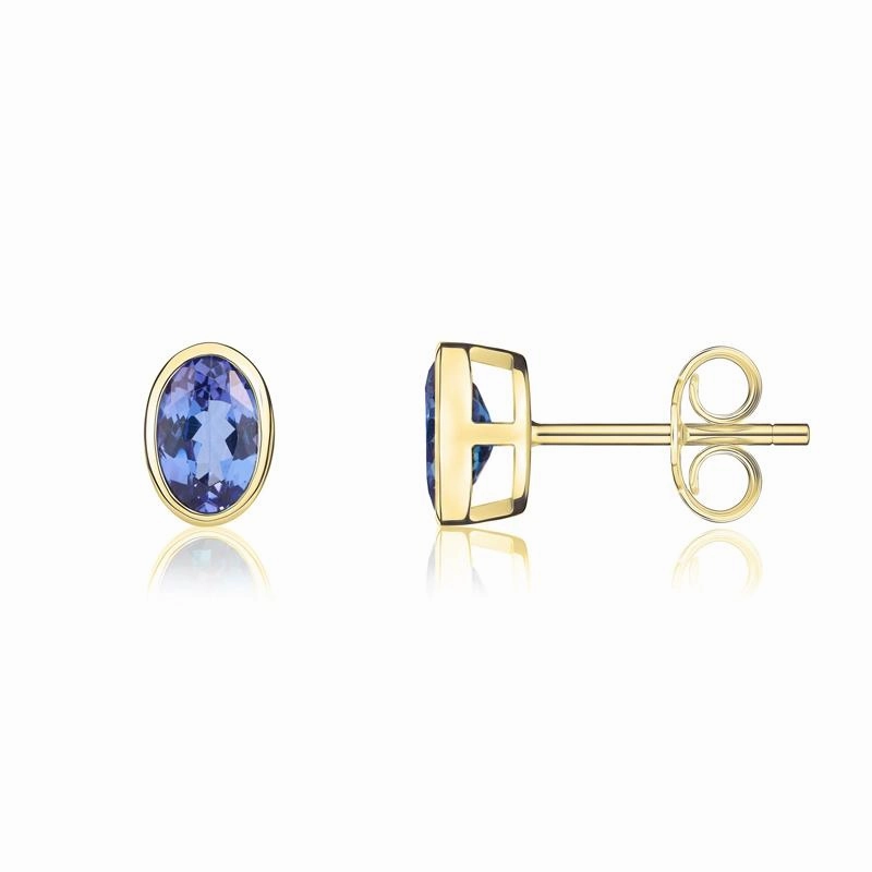 9ct Yellow Gold Tanzanite 6x4mm Oval Rub Over Set Stud Earrings