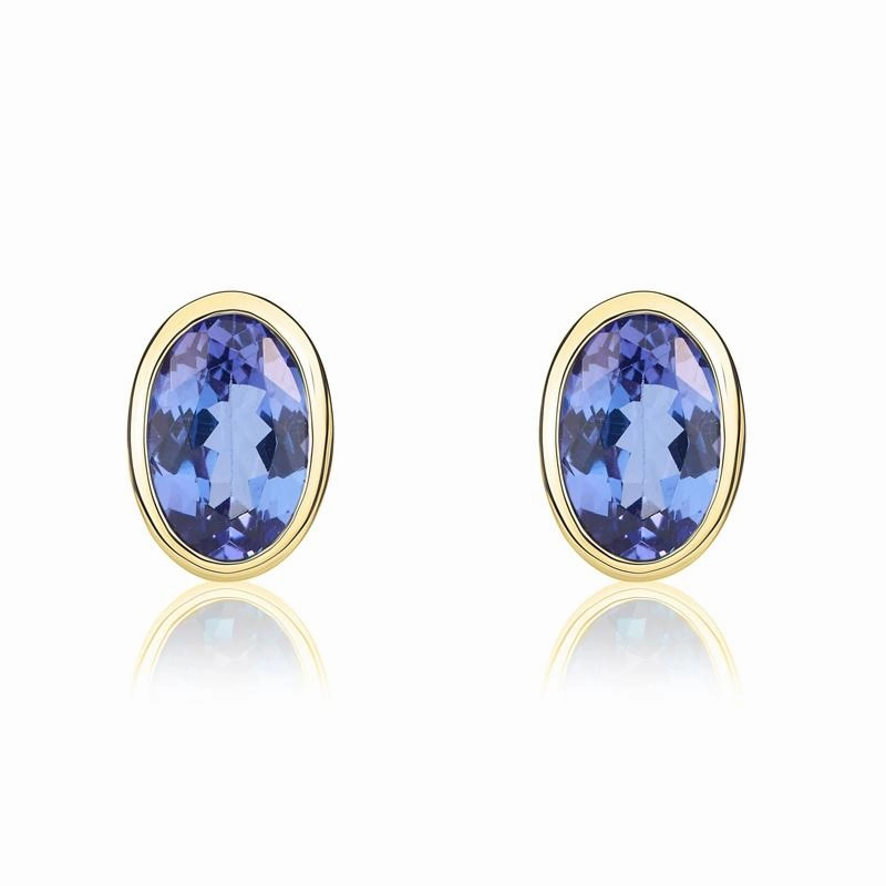 9ct Yellow Gold Tanzanite 6x4mm Oval Rub Over Set Stud Earrings