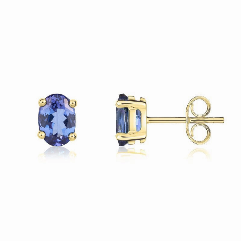 9ct Yellow Gold Tanzanite 7x5mm Oval Claw Set Stud Earrings