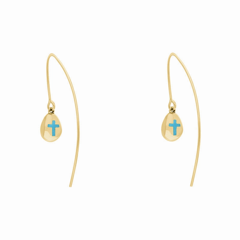 9ct Yellow Gold Turquoise Cross Disc Drop Earrings
