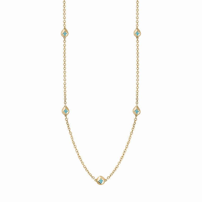 9ct Yellow Gold Turquoise Fleur De Lis Link Disc Chain Necklace