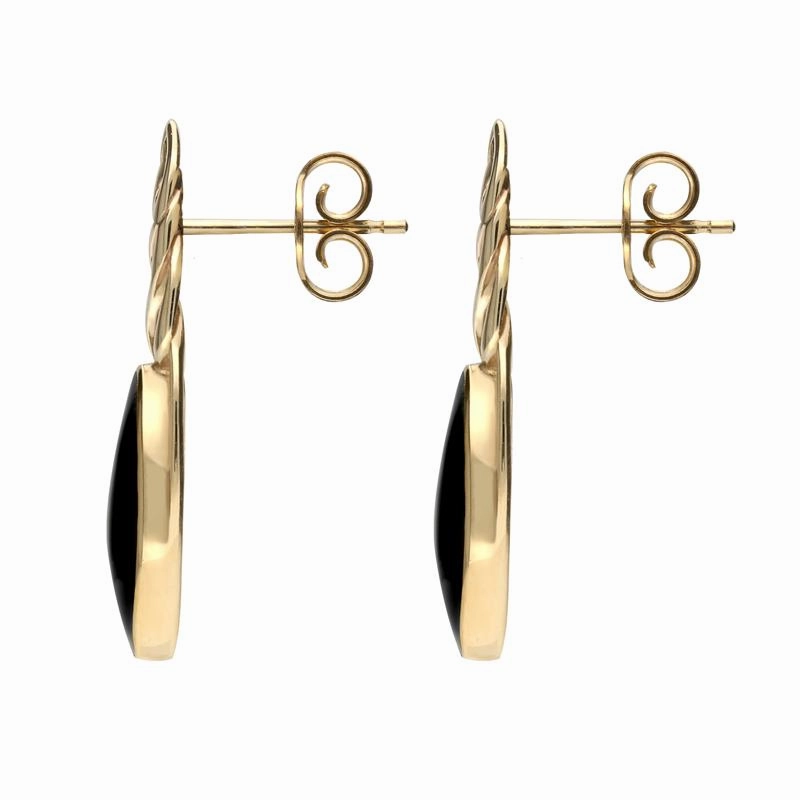9ct Yellow Gold Whitby Jet Celtic Long Marquise Stud Earrings