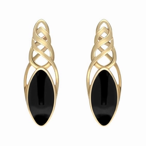 9ct Yellow Gold Whitby Jet Celtic Long Marquise Stud Earrings