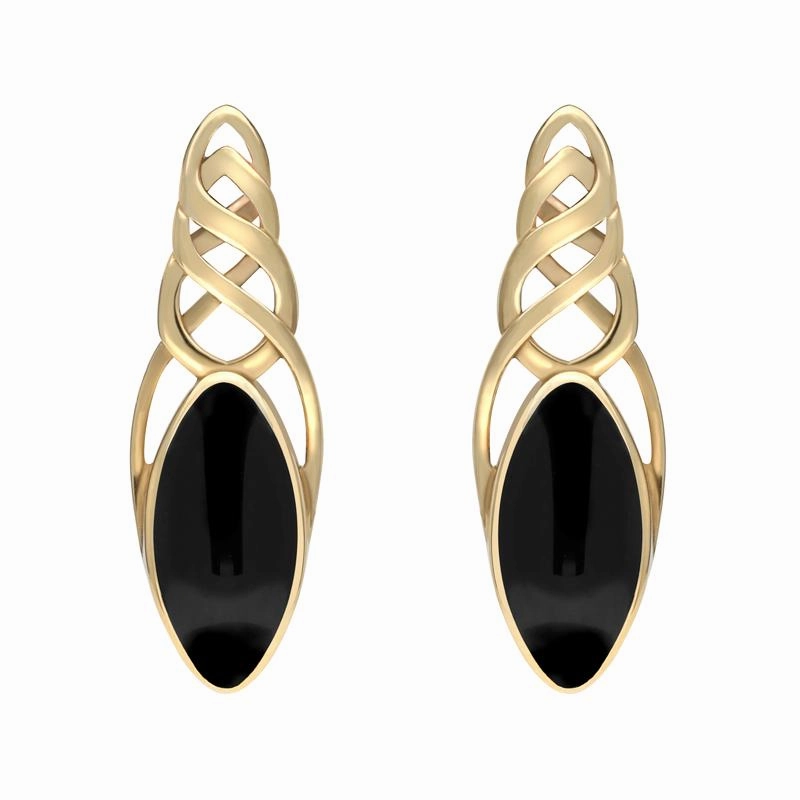 9ct Yellow Gold Whitby Jet Celtic Long Marquise Stud Earrings