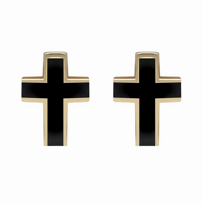 9ct Yellow Gold Whitby Jet Channel Set Cross Stud Earrings D