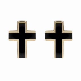 9ct Yellow Gold Whitby Jet Channel Set Cross Stud Earrings D