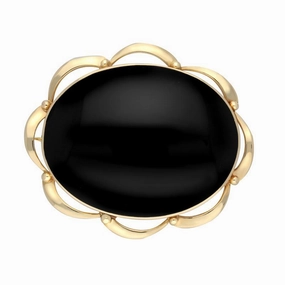 9ct Yellow Gold Whitby Jet Frill Edge Oval Brooch