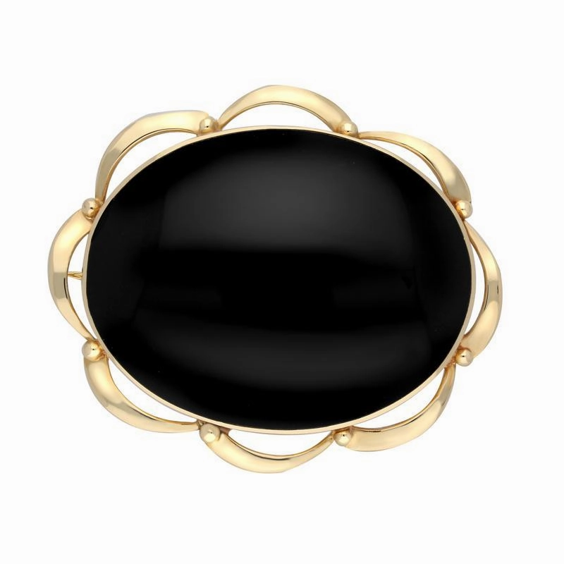 9ct Yellow Gold Whitby Jet Frill Edge Oval Brooch