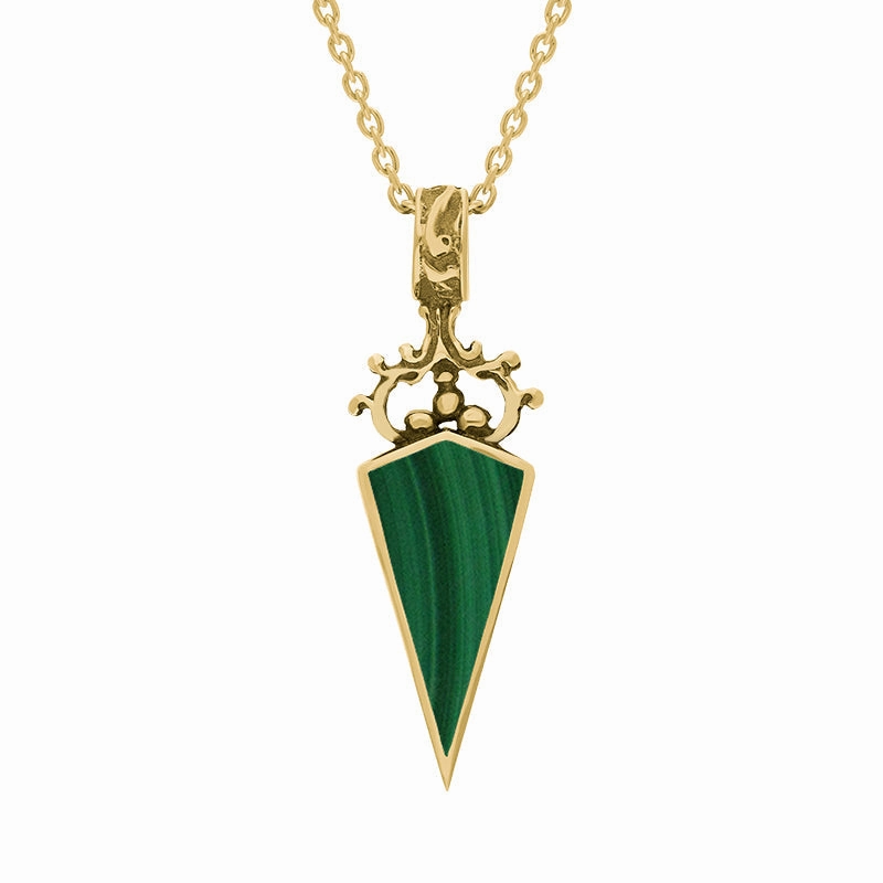 9ct Yellow Gold Whitby Jet Malachite Double Sided Scroll Top Dagger Fob Necklace
