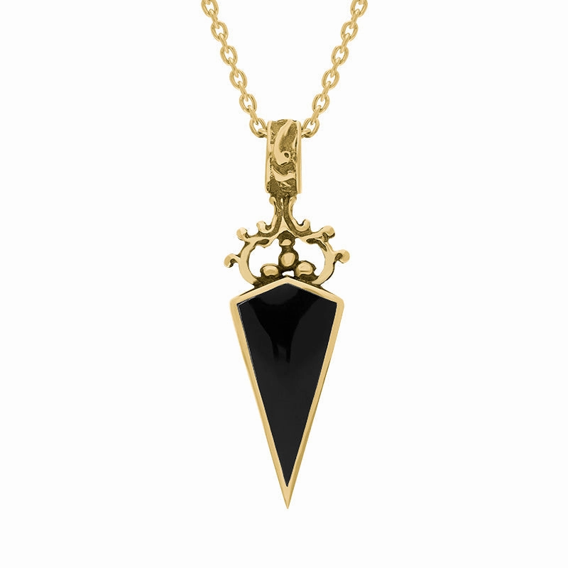9ct Yellow Gold Whitby Jet Malachite Double Sided Scroll Top Dagger Fob Necklace