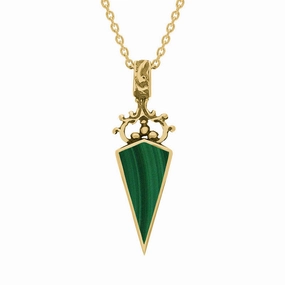 9ct Yellow Gold Whitby Jet Malachite Double Sided Scroll Top Dagger Fob Necklace