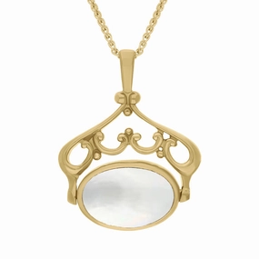 9ct Yellow Gold Whitby Jet Mother Of Pearl Double Sided Oval Swivel Fob Necklace