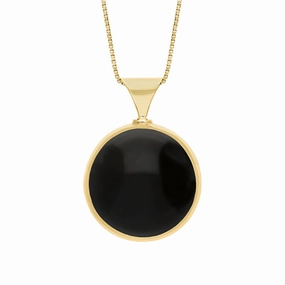 9ct Yellow Gold Whitby Jet Mother of Pearl Queens Jubilee Hallmark Double Sided Round Necklace D