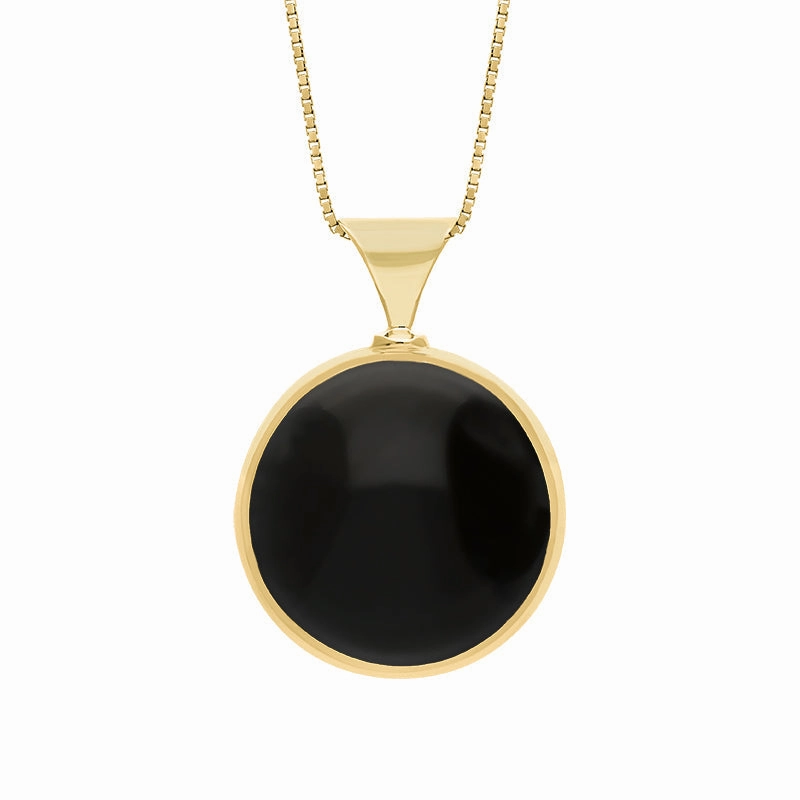 9ct Yellow Gold Whitby Jet Mother of Pearl Queens Jubilee Hallmark Double Sided Round Necklace D