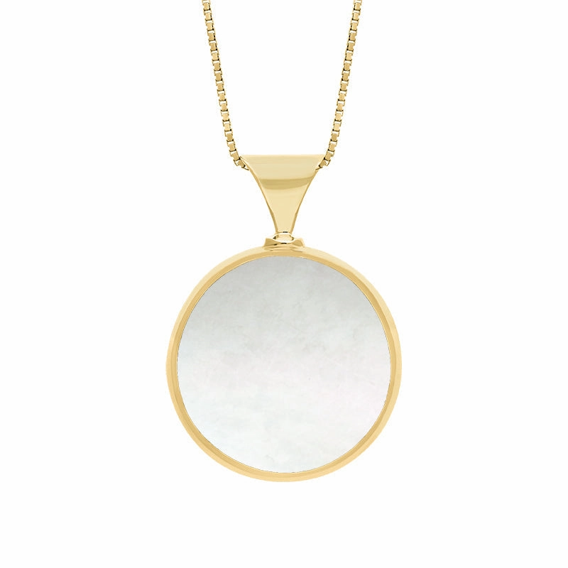 9ct Yellow Gold Whitby Jet Mother of Pearl Queens Jubilee Hallmark Double Sided Round Necklace D