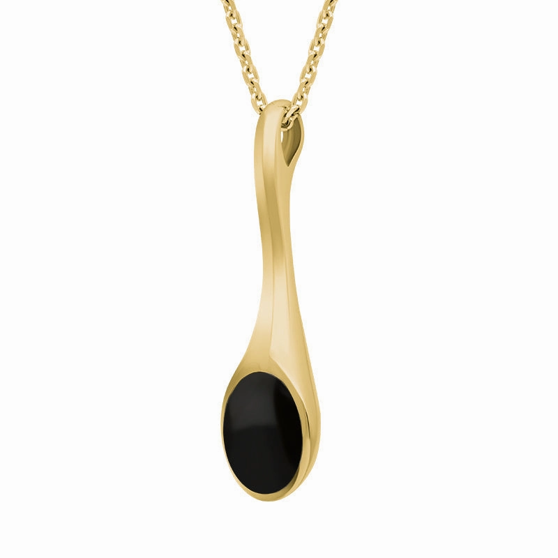 9ct Yellow Gold Whitby Jet Oval Long Drop Necklace