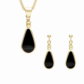 9ct Yellow Gold Whitby Jet Pear Shaped Bottle Top Two Piece Set