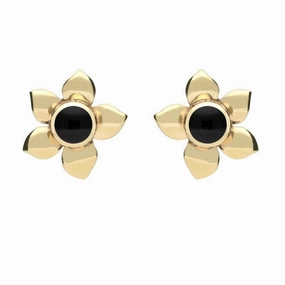 9ct Yellow Gold Whitby Jet Petal Stud Earrings