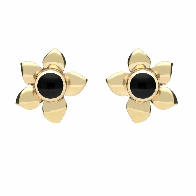 9ct Yellow Gold Whitby Jet Petal Stud Earrings