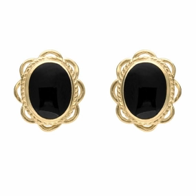 9ct Yellow Gold Whitby Jet Rope Frill Edge Oval Stud Earrings
