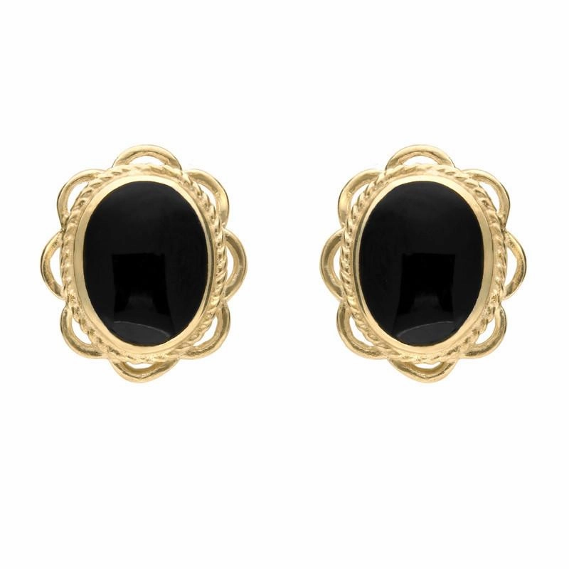 9ct Yellow Gold Whitby Jet Rope Frill Edge Oval Stud Earrings