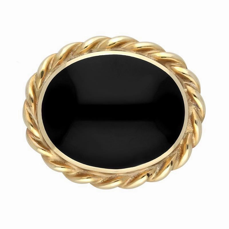 9ct Yellow Gold Whitby Jet Rope Twist Edge Small Brooch