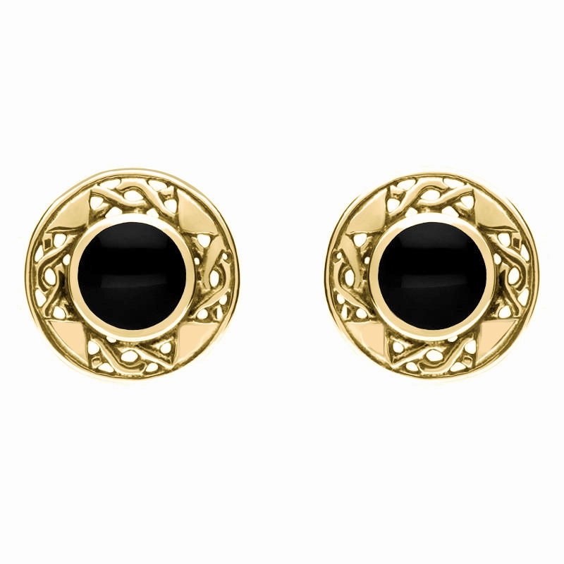 9ct Yellow Gold Whitby Jet Round Celtic Stud Earrings