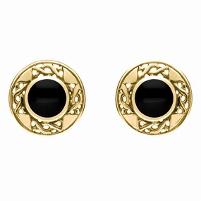 9ct Yellow Gold Whitby Jet Round Celtic Stud Earrings