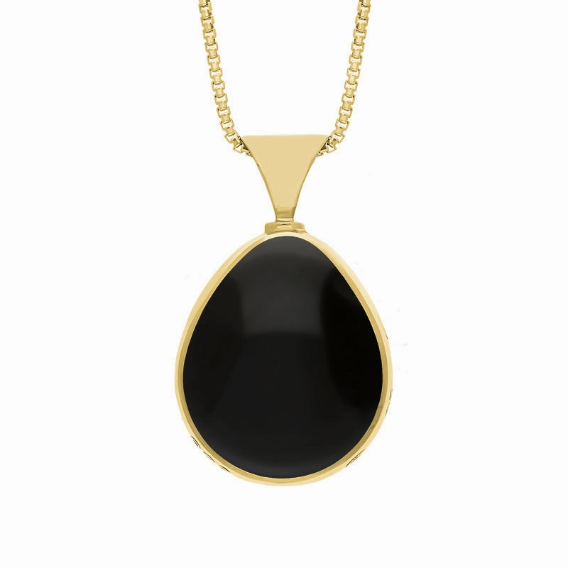 9ct Yellow Gold Whitby Jet Turquoise Hallmark Double Sided Pear-shaped Necklace