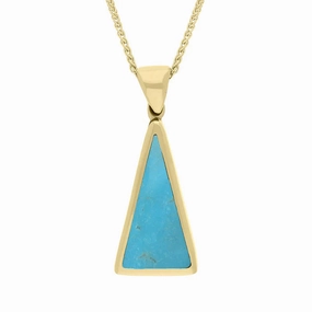 9ct Yellow Gold Whitby Jet Turquoise Small Double Sided Triangular Fob Necklace
