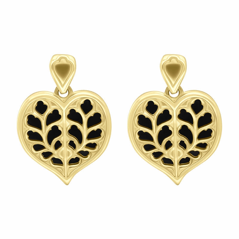 9ct Yellow Gold Whitby Jet York Minster Heart Stud Drop Earrings
