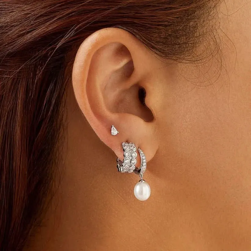 Ania Haie Silver Double Row White Cubic Zirconia Bezel Set Stud Huggies E058-04H