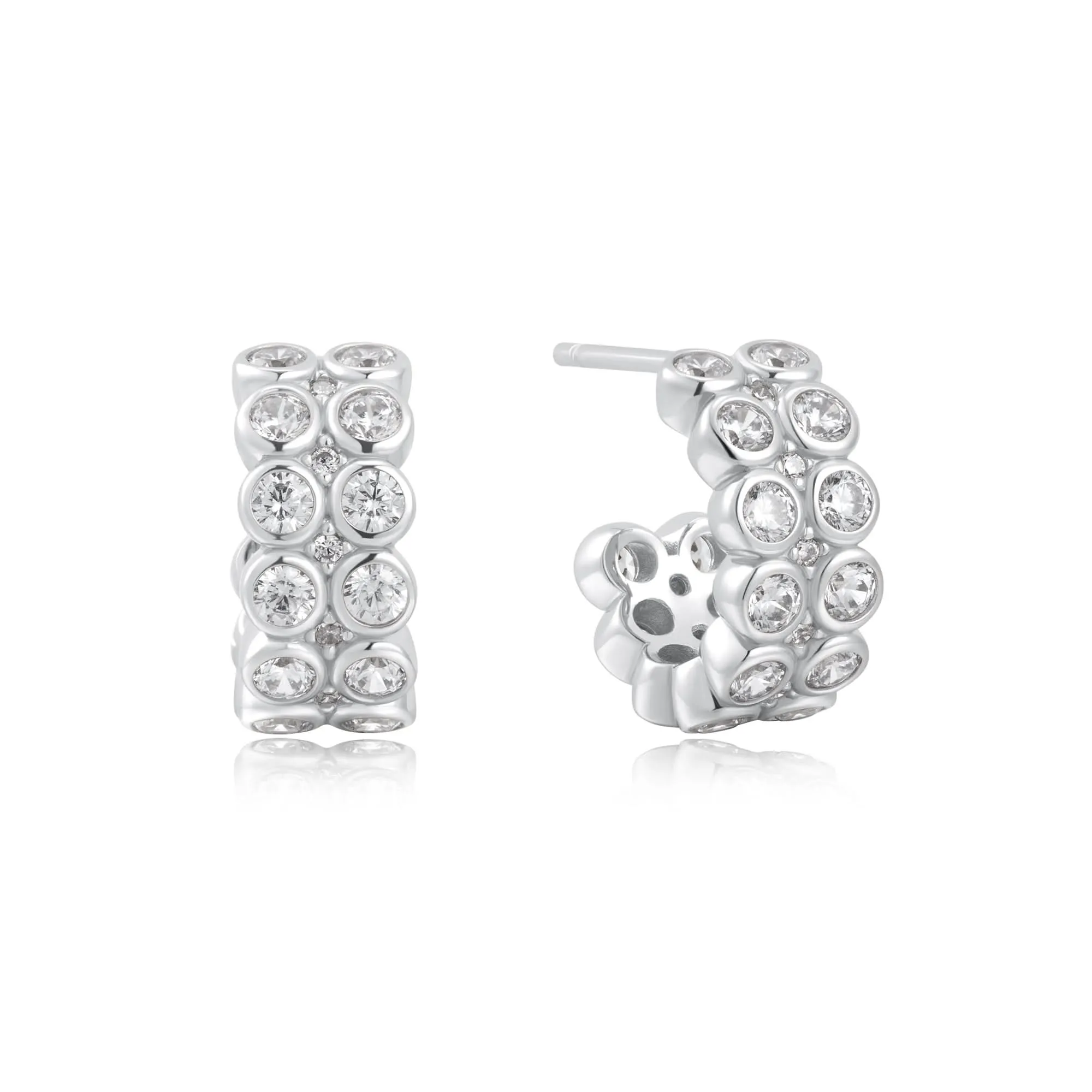 Ania Haie Silver Double Row White Cubic Zirconia Bezel Set Stud Huggies E058-04H