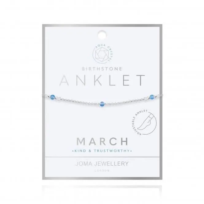 Birthstone March Aqua Crystal Silver 26cm Adjustable Anklet 4202