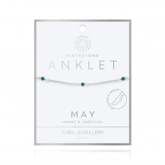Birthstone May Green Agate Silver 26cm Adjustable Anklet 4204